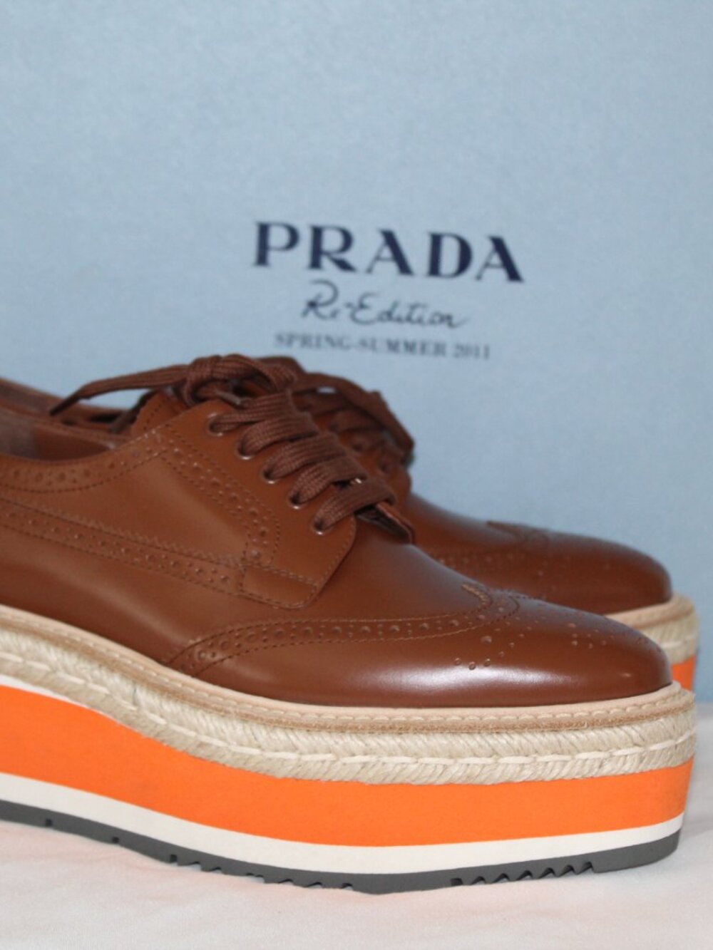 NWB PRADA Re-Edition 2011 Platform Spazzolato Leather Wingtip Oxford Loafer 37.5 - Picture 6 of 8